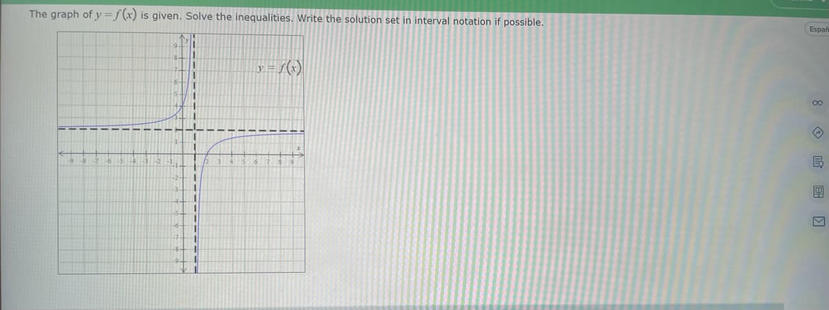 The graph of y=f(x) is given. Solve the inequalities. Write the solution set in interval notation if possible.
11
I
T
I
LL
1
1
I
I
I
1
I
11
1
I
1
I
y = f(x)
Españ
8E ›