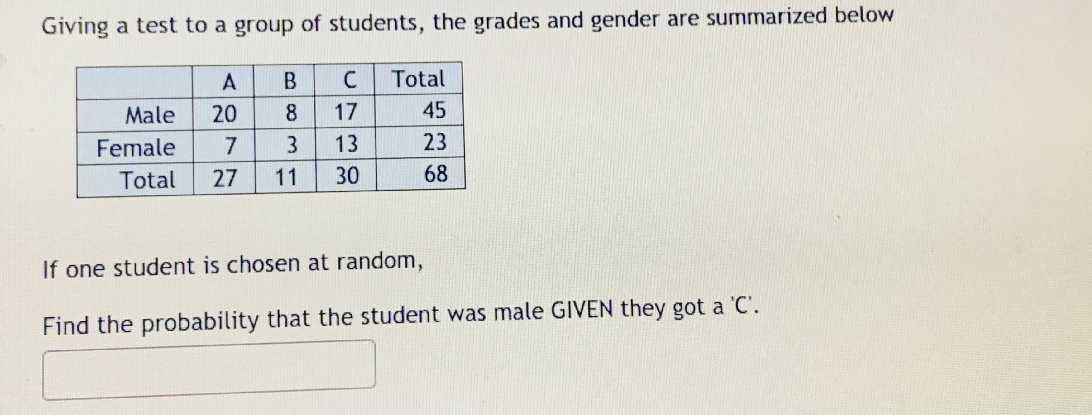 If one student is chosen at random,
Find the probability that the student was male GIVEN they got a 'C'.
