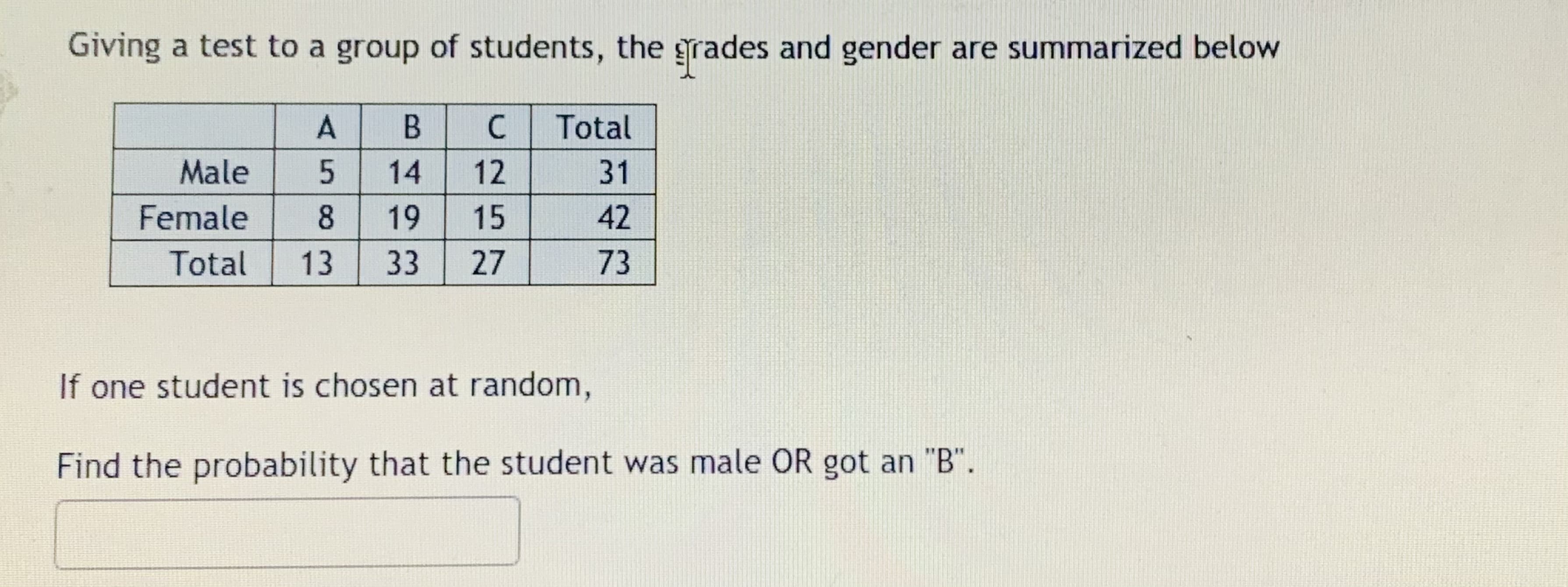 Giving a test to a group of students, the grades and gender are summarized below
A
Total
Male
14
12
31
Female
19
15
42
Total
13
33
27
73
If one student is chosen at random,
Find the probability that the student was male OR got an "B".
58
