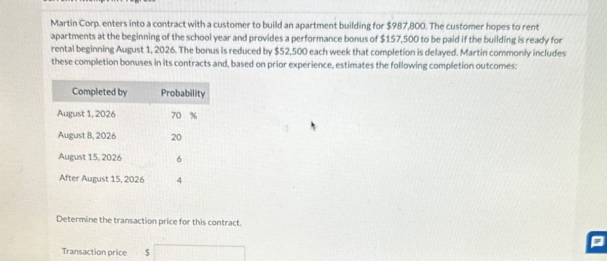Martin Corp. enters into a contract with a customer to build an apartment building for $987,800. The customer hopes to rent
apartments at the beginning of the school year and provides a performance bonus of $157,500 to be paid if the building is ready for
rental beginning August 1, 2026. The bonus is reduced by $52,500 each week that completion is delayed. Martin commonly includes
these completion bonuses in its contracts and, based on prior experience, estimates the following completion outcomes:
Completed by
August 1, 2026
Probability
70 %
August 8, 2026
20
August 15, 2026
6
After August 15, 2026
4
Determine the transaction price for this contract.
Transaction price
$
P