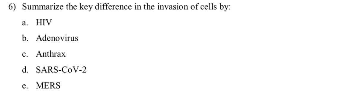 6) Summarize the key difference in the invasion of cells by:
a. HIV
b. Adenovirus
c. Anthrax
d. SARS-CoV-2
e. MERS
