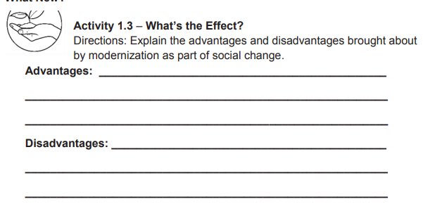 Activity 1.3 - What's the Effect?
Directions: Explain the advantages and disadvantages brought about
by modernization as part of social change.
Advantages:
Disadvantages: