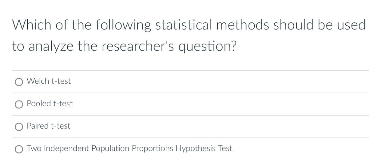 Which of the following statistical methods should be used
to analyze the researcher's question?
Welch t-test
Pooled t-test
Paired t-test
Two Independent Population Proportions Hypothesis Test