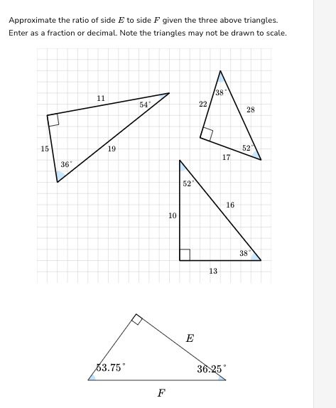 Approximate the ratio of side E to side F given the three above triangles.
Enter as a fraction or decimal. Note the triangles may not be drawn to scale.
15
36"
11
19
53.75°
54
F
10
52
E
22,
38
13
17
16
36.25°
28
52
38