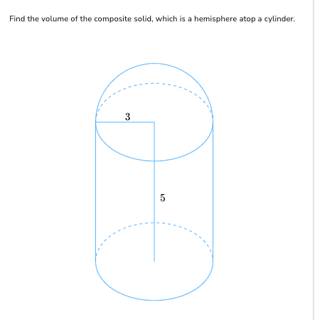 Find the volume of the composite solid, which is a hemisphere atop a cylinder.
3
5