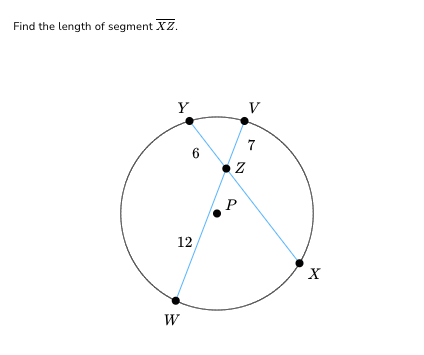 Find the length of segment XZ.
Y
6
12
W
Z
P
7
X