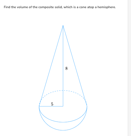 Find the volume of the composite solid, which is a cone atop a hemisphere.
5
8