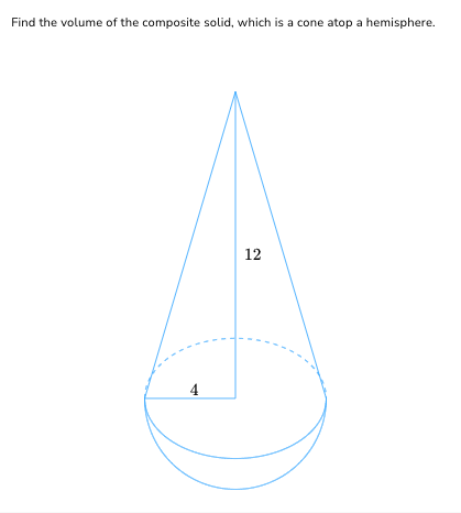 Find the volume of the composite solid, which is a cone atop a hemisphere.
4
12