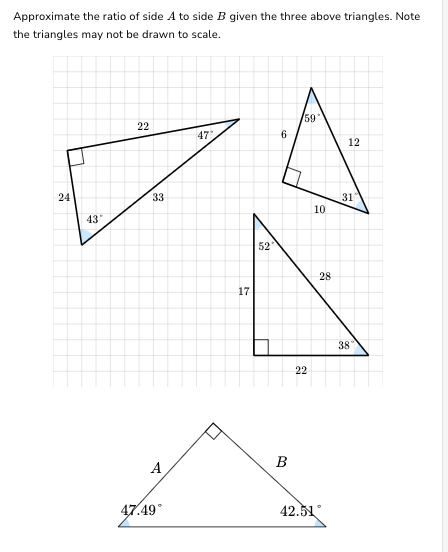 Approximate
the ratio of side A to side B given the three above triangles. Note
the triangles may not be drawn to scale.
24
43°
22
33
47.49°
47
17
52
6
B
59
22
10
42.51
28
12
31
38