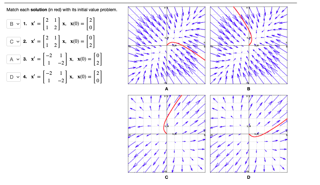 Match each solution (in red) with its initial value problem.
2
B 1. x'
=
x, x(0) =
2
C 2.
=
[111]
x, x(0) =
2
[2]
-2
1
A 3. x'
=
x, x(0) =
-2
-2
D 4. x' =
x, x(0) =
H
[8)]
A
B
с
D