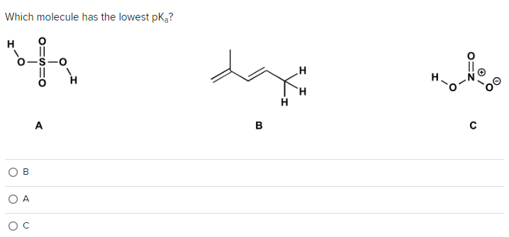Which molecule has the lowest pką?
H
B
O A
C
U
A
B
H
H
H
с