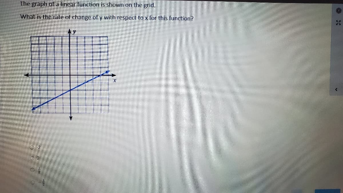 The graph of a linear function is shown on the grid.
What is the rate of change of y with respect to x for this function?
Ay
