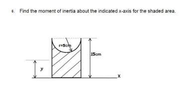 5. Find the moment of inertia about the indicated x-axis for the shaded area.
r=5cm
15cm
