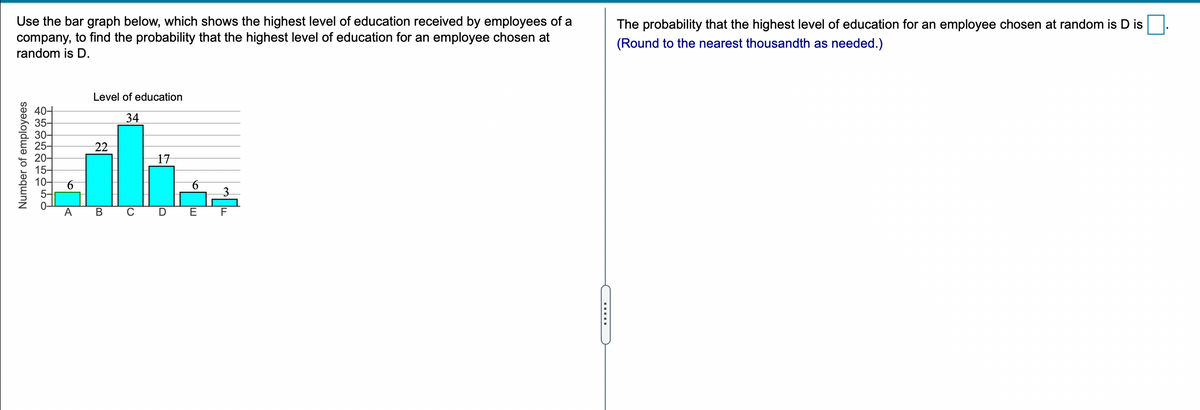 Use the bar graph below, which shows the highest level of education received by employees of a
company, to find the probability that the highest level of education for an employee chosen at
The probability that the highest level of education for an employee chosen at random is D is
(Round to the nearest thousandth as needed.)
random is D.
Level of education
40+
35-
30-
25-
20-
15-
10-
34
22
17
9.
5-
9.
3.
A
В
E F
Number of employees
