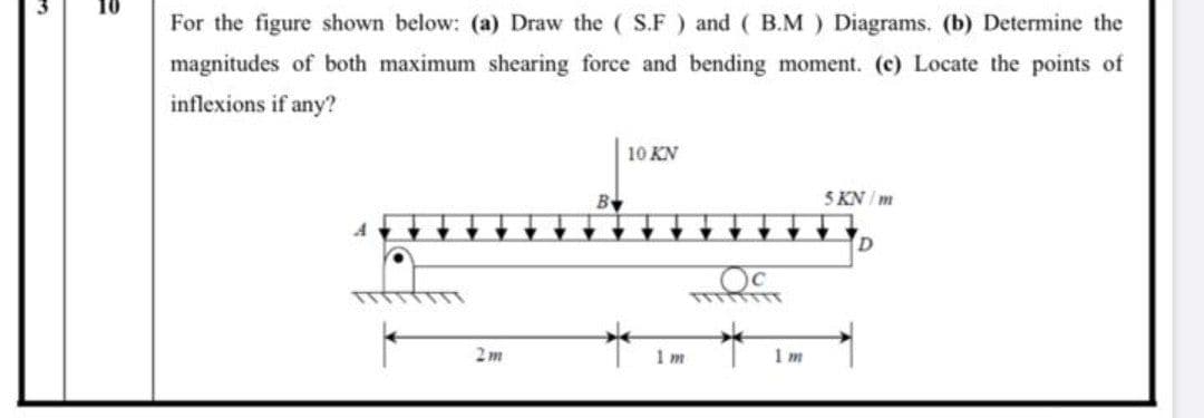 For the figure shown below: (a) Draw the ( S.F) and ( B.M) Diagrams. (b) Determine the
magnitudes of both maximum shearing force and bending moment. (c) Locate the points of
inflexions if any?
10 KN
B
5 KN / m
D.
Oc
2m
1 m
1 m
