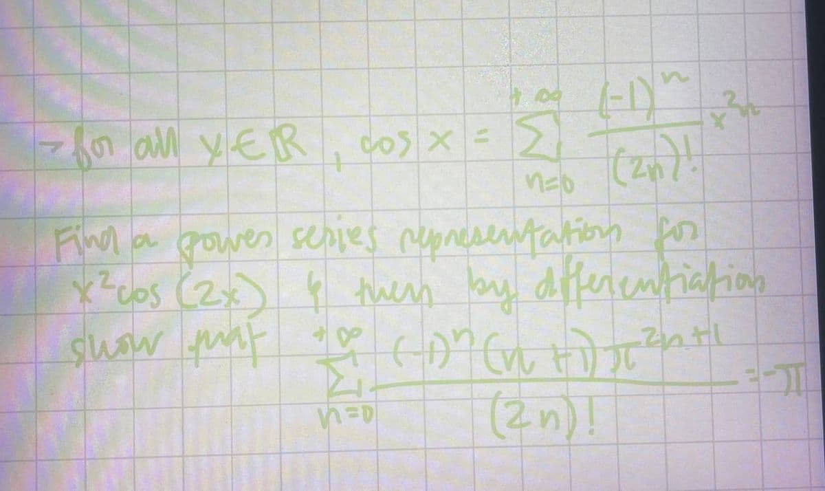 -1o all yER, cos x = 2
Fim a powes senjes repnesentation por
x?cos (2x) 4
susw unt
tuen by dfferentiahion
(2n)!
