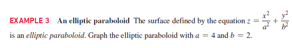 EXAMPLE 3 An elliptic paraboloid The surface defined by the equation z =
is an elliptic paraboloid. Graph the elliptic paraboloid with a = 4 and b = 2.
