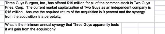 Three Guys Burgers, Inc., has offered $19 million for all of the common stock in Two Guys
Fries, Corp. The current market capitalization of Two Guys as an independent company is
| $15 million. Assume the required return of the acquisition is 9 percent and the synergy
from the acquisition is a perpetuity.
What is the minimum annual synergy that Three Guys apparently feels
it will gain from the acquisition?
