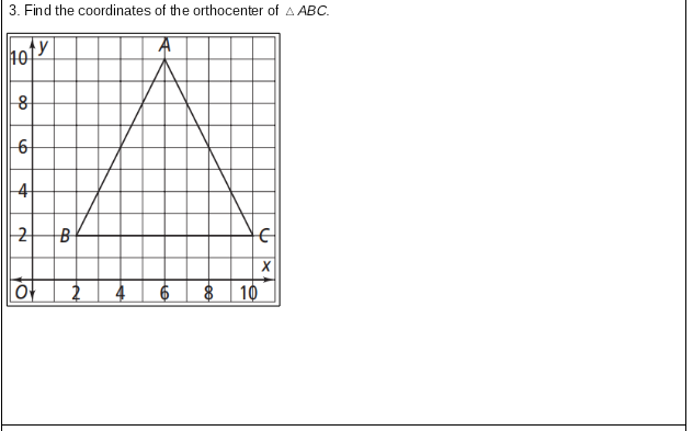 3. Find the coordinates of the orthocenter of A ABC.
10
6
4
2
2
10
of
to

