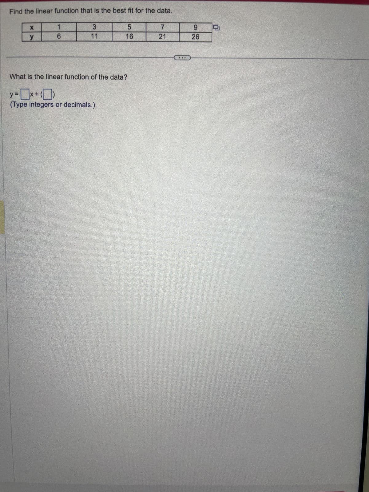 Find the linear function that is the best fit for the data.
X
y
1
6
3
11
5
16
What is the linear function of the data?
y =
(Type integers or decimals.)
7
21
9
26