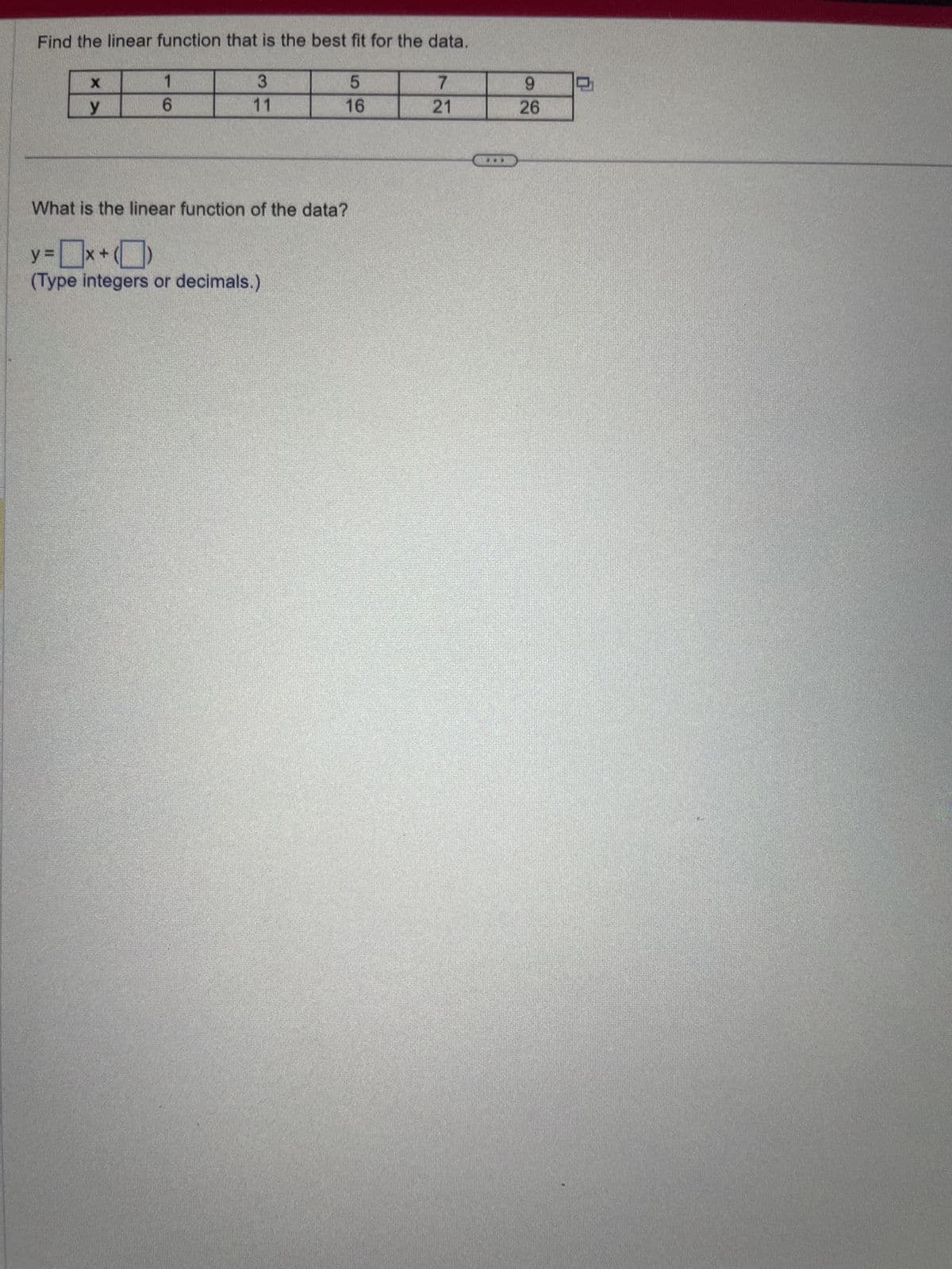 Find the linear function that is the best fit for the data.
3
11
X
y
1
6
5
16
What is the linear function of the data?
y=x+
(Type integers or decimals.)
7
21
9
26