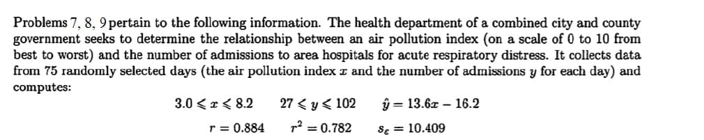Problems 7, 8, 9 pertain to the following information. The health department of a combined city and county
government seeks to determine the relationship between an air pollution index (on a scale of 0 to 10 from
best to worst) and the number of admissions to area hospitals for acute respiratory distress. It collects data
from 75 randomly selected days (the air pollution index z and the number of admissions y for each day) and
computes:
3.0 <x< 8.2
27 < y< 102
ŷ = 13.6x – 16.2
r = 0.884
r? = 0.782
Se = 10.409
