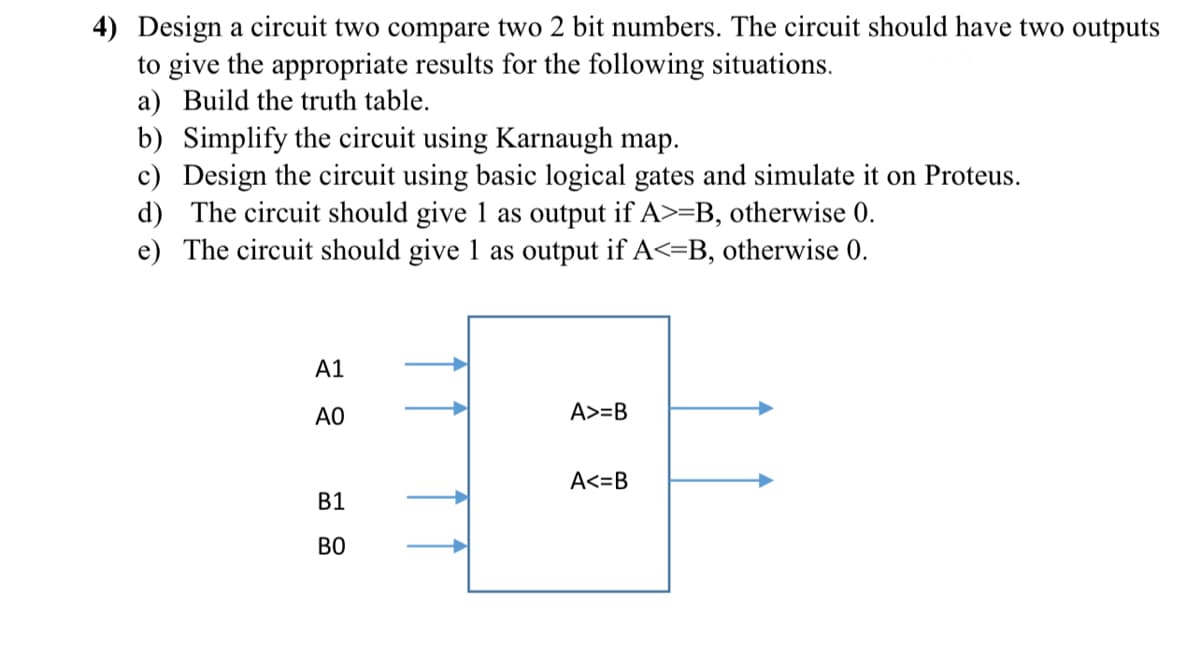 4) Design a circuit two compare two 2 bit numbers. The circuit should have two outputs
to give the appropriate results for the following situations.
a) Build the truth table.
b) Simplify the circuit using Karnaugh map.
c) Design the circuit using basic logical gates and simulate it on Proteus.
d) The circuit should give 1 as output if A>=B, otherwise 0.
e) The circuit should give 1 as output if A<=B, otherwise 0.
A1
AO
A>=B
A<=B
B1
BO
