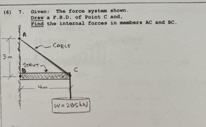 (6) 7. Given:
The force system shown.
Draw a F.B.D. of Point C and,
Find the internal forces in members AC and BC.
CABLE
3m
STRUT
4m
W= 285KN
