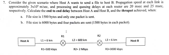 7. Consider the given scenario where Host A wants to send a file to host B. Propagation speed at each link is
approximately 3x10 m/sec, and processing and queuing delays at each router are 20 msec and 25 msec,
respectively. Calculate the end to end delay between Host A and Host B, and the thruput achieved, when:
a. File size is 1500 bytes and only one packet is sent.
b. File size is 6000 bytes and four packets are sent (1500 bytes in each packet).
Host A
L1 = 6 km
R1-500 kbps
R1
I
L2 = 600 km
R2= 2 Mbps
R2
L3 = 6 km
R3=3000 kbps
Host B