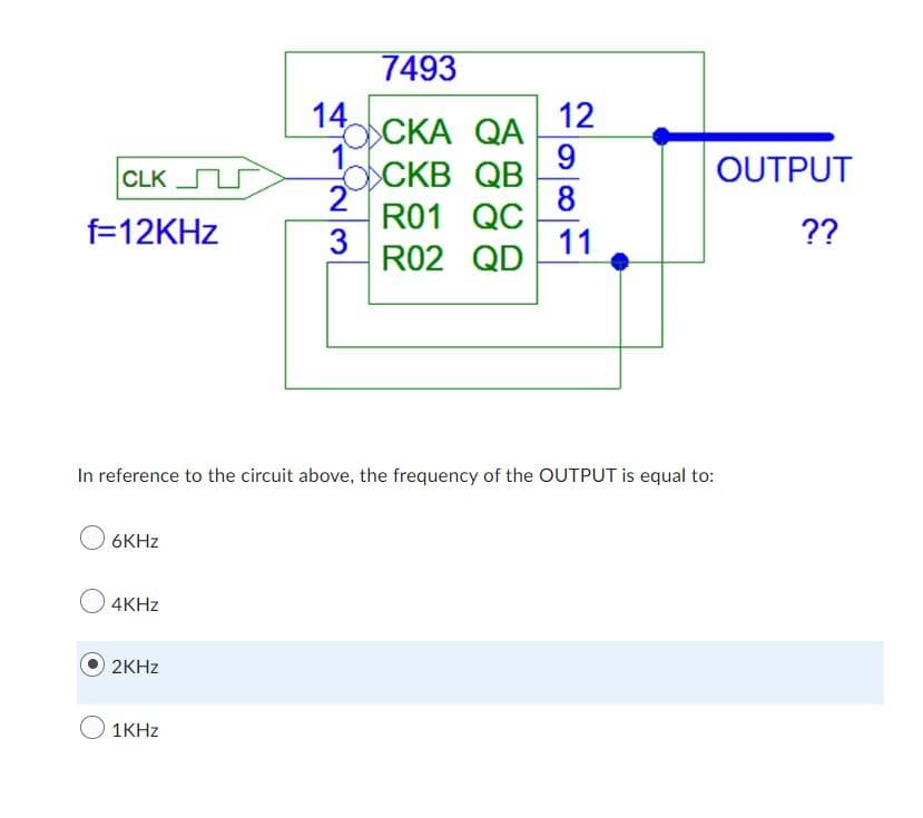 CLK
f=12KHz
6KHz
4KHz
In reference to the circuit above, the frequency of the OUTPUT is equal to:
2KHz
7493
OCKA QA
OCKB QB
R01 QC
R02 QD
1KHz
14
1
2
3
12
9
8
11
OUTPUT
??