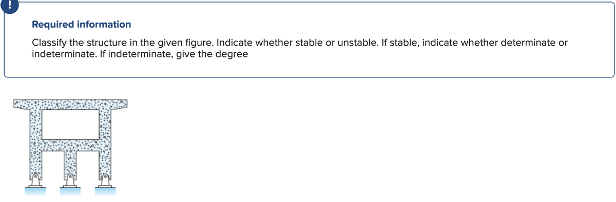 Required information
Classify the structure in the given figure. Indicate whether stable or unstable. If stable, indicate whether determinate or
indeterminate. If indeterminate, give the degree
n