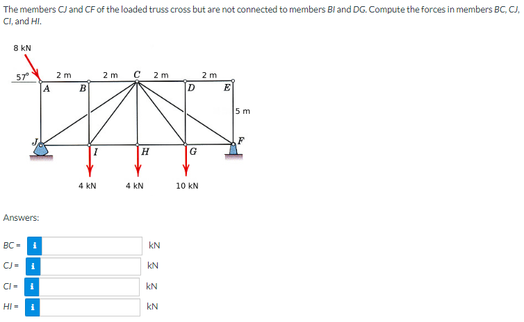 The members CJ and CF of the loaded truss cross but are not connected to members BI and DG. Compute the forces in members BC, CJ,
CI, and HI.
8 kN
57⁰
Answers:
BC=
CJ=
CI=
HI=
i
i
i
i
2 m
A
B
4 KN
2 m C 2m
H
4 KN
Ξ Σ Σ Σ
KN
KN
D
G
10 KN
2 m
E
5 m
G.