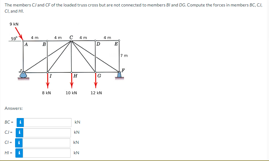 The members CJ and CF of the loaded truss cross but are not connected to members BI and DG. Compute the forces in members BC, CJ,
CI, and HI.
9 KN
59°
Answers:
BC= i
CJ = i
CI=
HI =
|Α
i
4 m
B
I
8 KN
4 m
C 4m
H
10 KN
ZZZZ
kN
kN
kN
kN
4 m
D
ch
G
12 kN
E
7 m
F