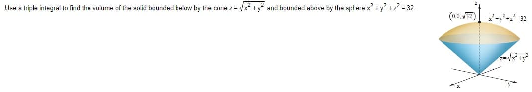 Use a triple integral to find the volume of the solid bounded below by the cone z= x +y² and bounded above by the sphere x² + y? +z? = 32.
(0,0. V32)
