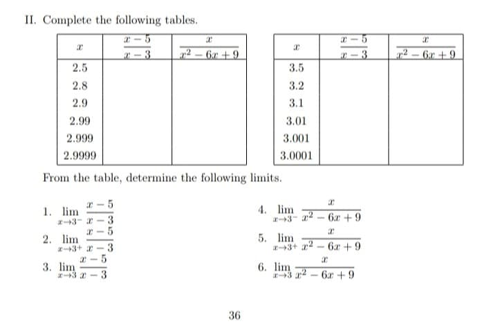 II. Complete the following tables.
3
2 – 6x + 9.
3
2 – 6r + 9
2.5
3.5
2.8
3.2
2.9
3.1
2.99
3.01
2.999
3.001
2.9999
3.0001
From the table, determine the following limits.
1. lim
4. lim
3- 2 - 6x + 9
3
2. lim
3+ x -
5. lim
3+ 22 - 6x + 9
3
3. lim
a3 2-
6. lim
3 22
3
6x +9
36
