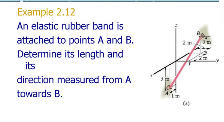 Example 2.12
An elastic rubber band is
B,
attached to points A and B.
|3'm
2 m.
Determine its length and
its
2 m
direction measured from A
3 m
towards B.
AK
11
(a)
