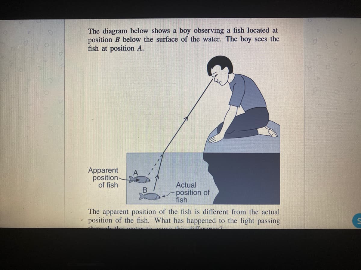 The diagram below shows a boy observing a fish located at
position B below the surface of the water. The boy sees the
fish at position A.
A
Apparent
position-
of fish
Actual
position of
fish
The apparent position of the fish is different from the actual
position of the fish. What has happened to the light passing
di difformen2
17