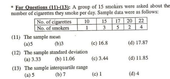 * For Questions (11)-(13): A group of 15 smokers were asked about the
number of cigarettes they smoke per day. Sample data were as follows:
No. of cigarettes
No. of smokers
10
15
17
20 22
3
4
(11) The sample mean
(a)5
(b)3
(c) 16.8
(d) 17.87
(12) The sample standard deviation
(а) 3.33
(b) 11.06
(c) 3.44
(d) 11.85
(13) The sample interquartile range
(b) 7
(a) 5
(c) 1
(d) 4

