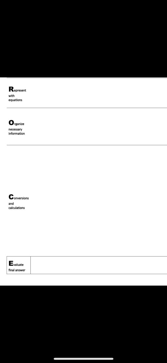 Represent
with
equations
rganize
necessary
information
Conversions
and
calculations
Evaluate
final answer
