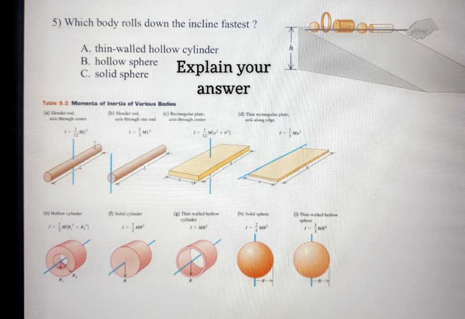 5) Which body rolls down the incline fastest ?
A. thin-walled hollow cylinder
B. hollow sphere Explain your
C. solid sphere
answer
Table 9.2 Moments of Inertia of Various Bodies
(a) Slender rod,
is through center
(b) Slender od,
axis through one end
() Rectangular plate,
ais through center
(d) Thin tangular plate,
asis akong edge
M
() Solid cylinder
Thin waled hollow
sylinder
(e) Hollow cylinder
(h) Solid sphere
O Thin-walkd hollow
sphere
I MR
MR
1-MR
