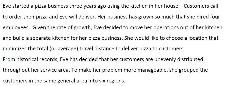 Eve started a pizza business three years ago using the kitchen in her house. Customers call
to order their pizza and Eve will deliver. Her business has grown so much that she hired four
employees. Given the rate of growth, Eve decided to move her operations out of her kitchen
and build a separate kitchen for her pizza business. She would like to choose a location that
minimizes the total (or average) travel distance to deliver pizza to customers.
From historical records, Eve has decided that her customers are unevenly distributed
throughout her service area. To make her problem more manageable, she grouped the
customers in the same general area into six regions.
