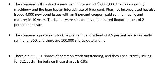 The company will contract a new loan in the sum of $2,000,000 that is secured by
machinery and the loan has an interest rate of 6 percent. Pharmos Incorporated has also
issued 4,000 new bond issues with an 8 percent coupon, paid semi-annually, and
matures in 10 years. The bonds were sold at par, and incurred floatation cost of 2
percent per issue.
The company's preferred stock pays an annual dividend of 4.5 percent and is currently
selling for $60, and there are 100,000 shares outstanding.
• There are 300,000 shares of common stock outstanding, and they are currently selling
for $21 each. The beta on these shares is 0.95.

