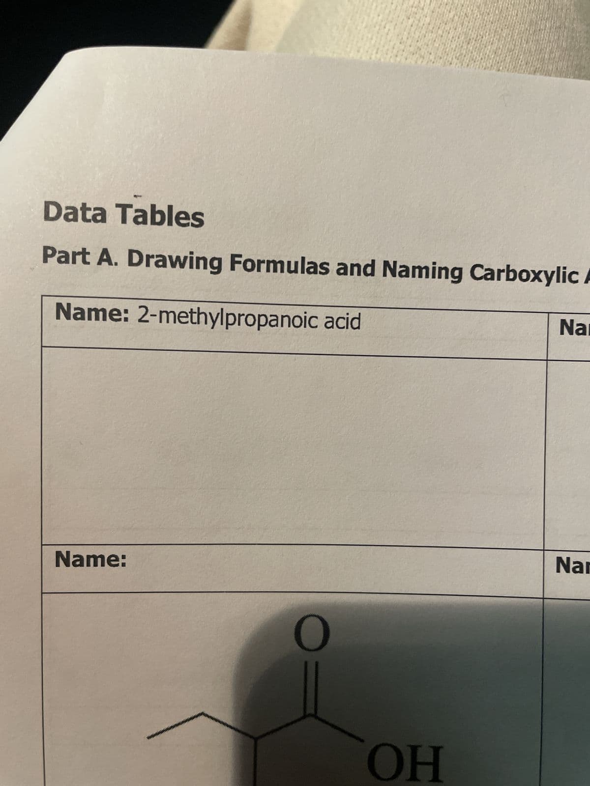 Data Tables
Part A. Drawing Formulas and Naming Carboxylic A
Name: 2-methylpropanoic acid
Name:
O
=
OH
Na
Nar