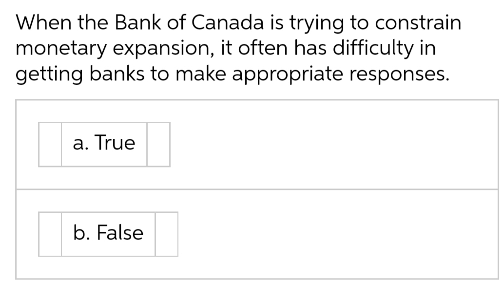 When the Bank of Canada is trying to constrain
monetary expansion, it often has difficulty in
getting banks to make appropriate responses.
a. True
b. False
