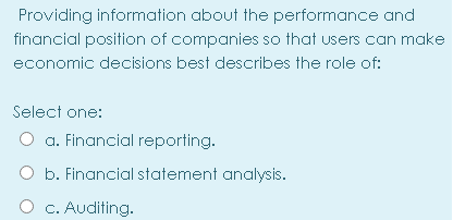Providing information about the performance and
financial position of companies so that users can make
economic decisions best describes the role of:
Select one:
O a. Financial reporting.
O b. Financial statement analysis.
O c. Auditing.
