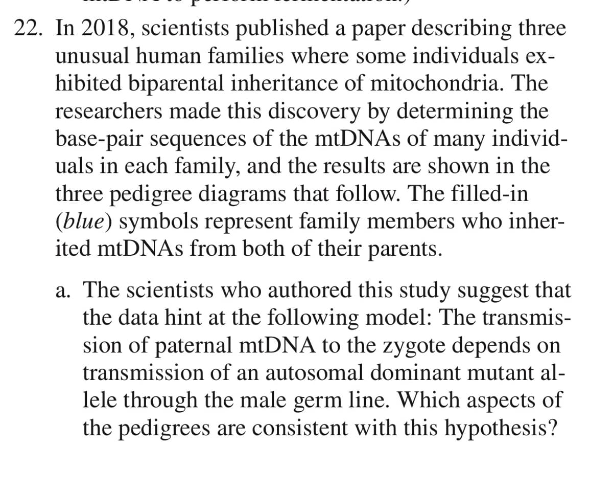 22. In 2018, scientists published a paper describing three
unusual human families where some individuals ex-
hibited biparental inheritance of mitochondria. The
researchers made this discovery by determining the
base-pair sequences of the mtDNAs of many individ-
uals in each family, and the results are shown in the
three pedigree diagrams that follow. The filled-in
(blue) symbols represent family members who inher-
ited mtDNAs from both of their parents.
a. The scientists who authored this study suggest that
the data hint at the following model: The transmis-
sion of paternal mtDNA to the zygote depends on
transmission of an autosomal dominant mutant al-
lele through the male germ line. Which aspects of
the pedigrees are consistent with this hypothesis?
