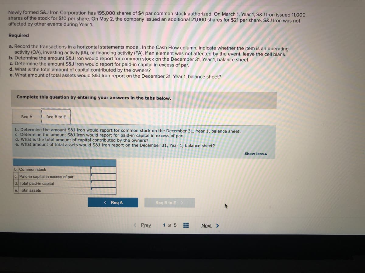 Newly formed S&J Iron Corporation has 195,000 shares of $4 par common stock authorized. On March 1, Year 1, S&J Iron issued 11,000
shares of the stock for $10 per share. On May 2, the company issued an additional 21,000 shares for $21 per share. S&J Iron was not
affected by other events during Year 1.
Required
a. Record the transactions in a horizontal statements model. In the Cash Flow column, indicate whether the item is an operating
activity (OA), investing activity (IA), or financing activity (FA). If an element was not affected by the event, leave the cell blank.
b. Determine the amount S&J Iron would report for common stock on the December 31, Year 1, balance sheet.
c. Determine the amount S&J Iron would report for paid-in capital in excess of par.
d. What is the total amount of capital contributed by the owners?
e. What amount of total assets would S&J Iron report on the December 31, Year 1, balance sheet?
Complete this question by entering your answers in the tabs below.
Req A
Reg B to E
b. Determine the amount S&J Iron would report for common stock on the December 31, Year 1, balance sheet.
c. Determine the amount S&J Iron would report for paid-in capital in excess of par.
d. What is the total amount of capital
e. What amount of total assets would S&J Iron report on the December 31, Year 1, balance sheet?
uted by the owne
Show lessA
b. Common stock
c. Paid-in capital in excess of par
d. Total paid-in capital
e. Total assets
< Req A
Req B to E >
< Prev
1 of 5
Next >
