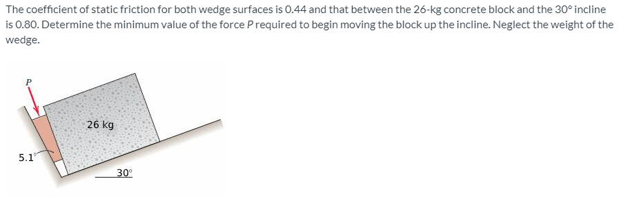 The coefficient of static friction for both wedge surfaces is 0.44 and that between the 26-kg concrete block and the 30° incline
is 0.80. Determine the minimum value of the force P required to begin moving the block up the incline. Neglect the weight of the
wedge.
P
26 kg
5.1°
30°
