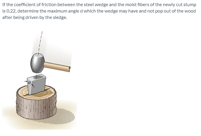 If the coefficient of friction between the steel wedge and the moist fibers of the newly cut stump
is 0.22, determine the maximum angle a which the wedge may have and not pop out of the wood
after being driven by the sledge.
