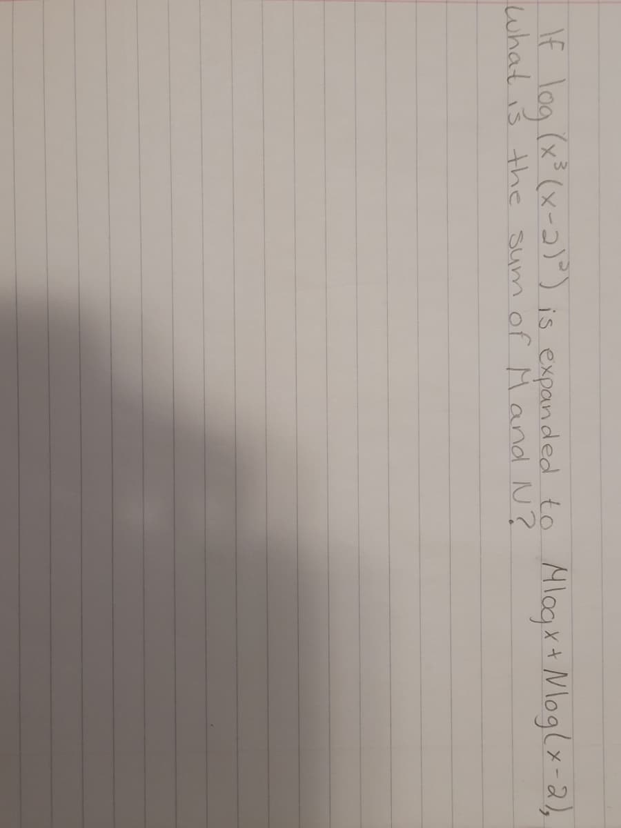 If log (x³ (x-2)") is expanded to
what is the sum of Mand N?
Mlogx+ Moglx-2),
